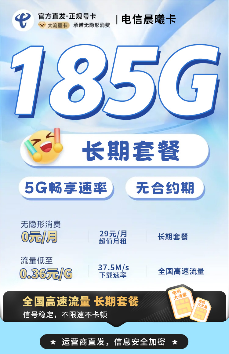 电信晨曦卡29元185G流量+长期套餐